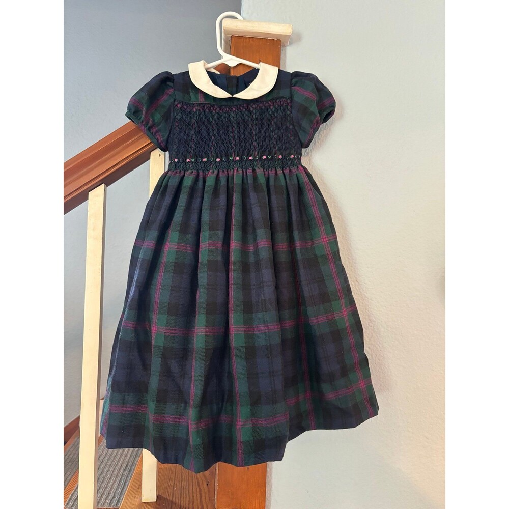 Vtg Ralph Lauren 2t plaid floral 100% wool dress Peter Pan smocked preppy